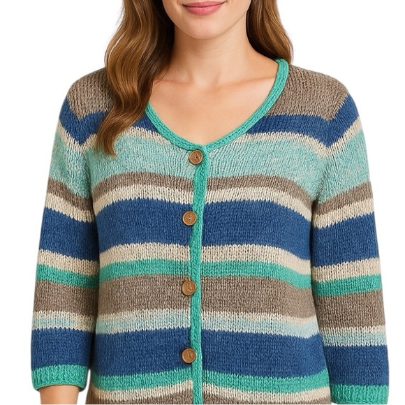 J. JILL Petite Knit Multi Color Striped Scoop Neck Button Down Cardigan - Picture 1 of 10
